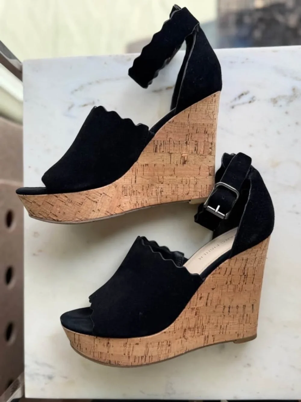 Marc Fisher 8 Platform Wedges Black Suede Cork Halo